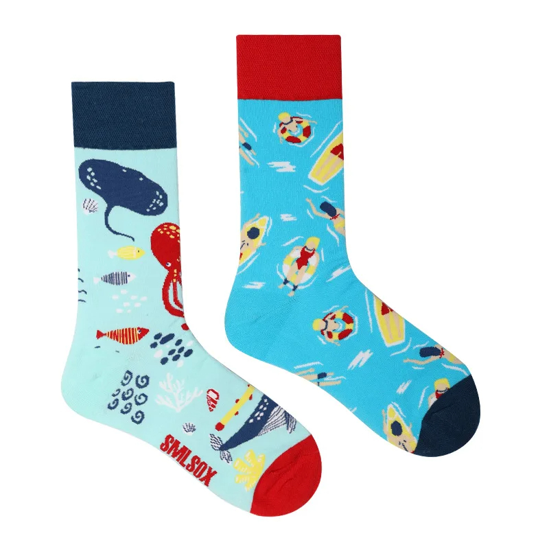 Two socks with colorful designs on a white background