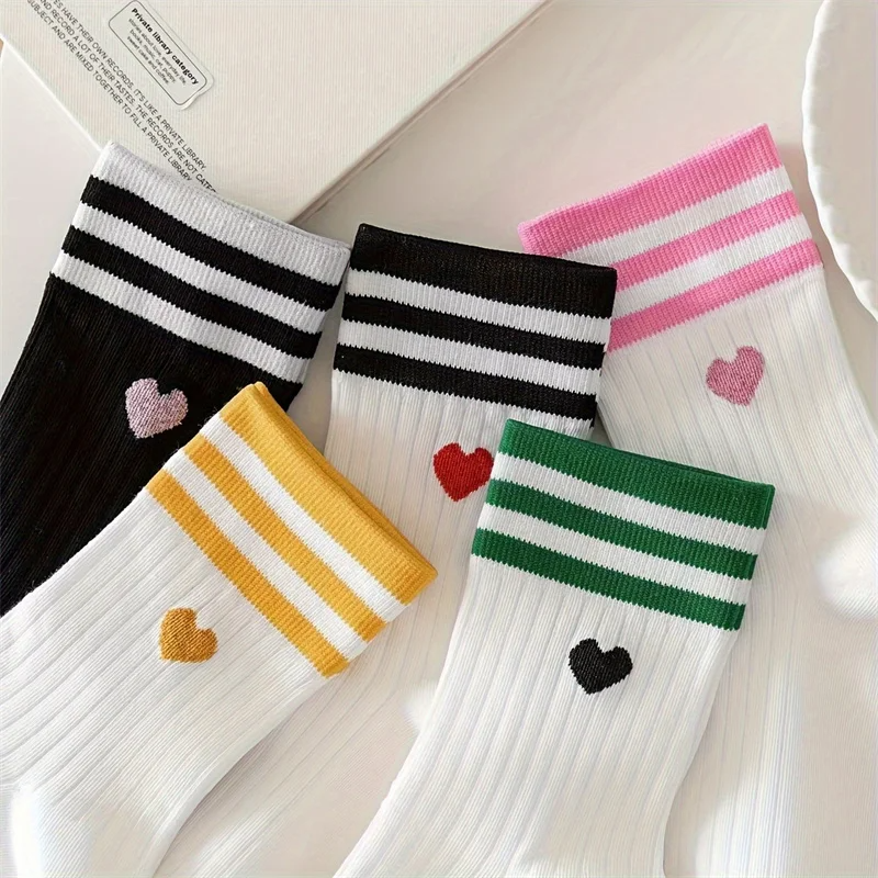 Sporty Striped Heart Crew Socks (5 Colours)