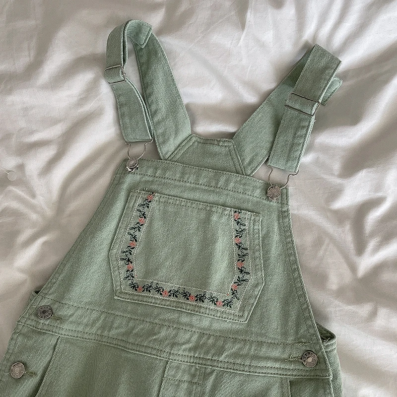 Mint Flower Embroidery Overalls