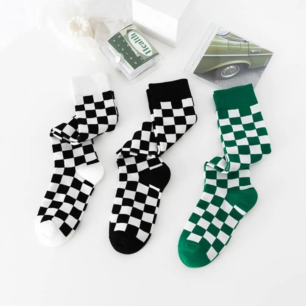 Checkerboard Pattern Calf Socks (3 Colours)