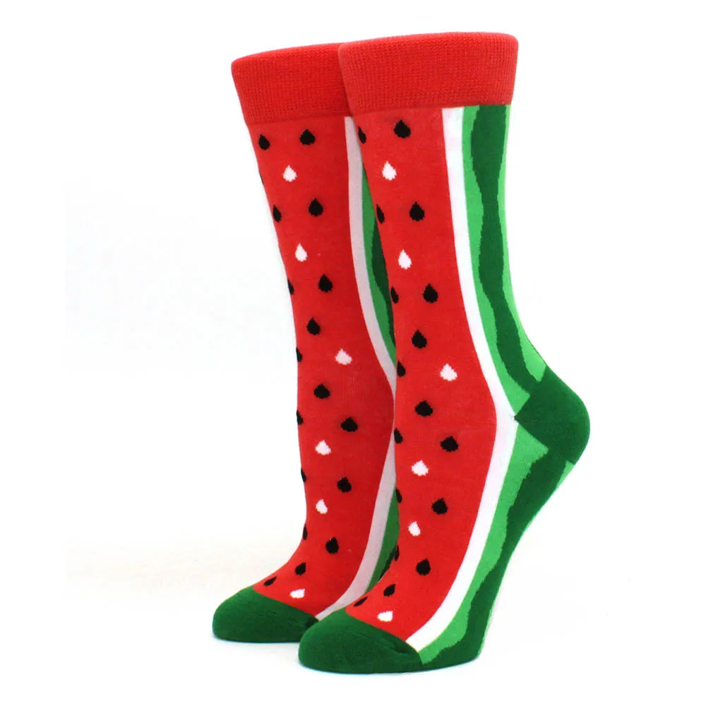 Watermelon-themed socks with red, green, and black pattern on a white background