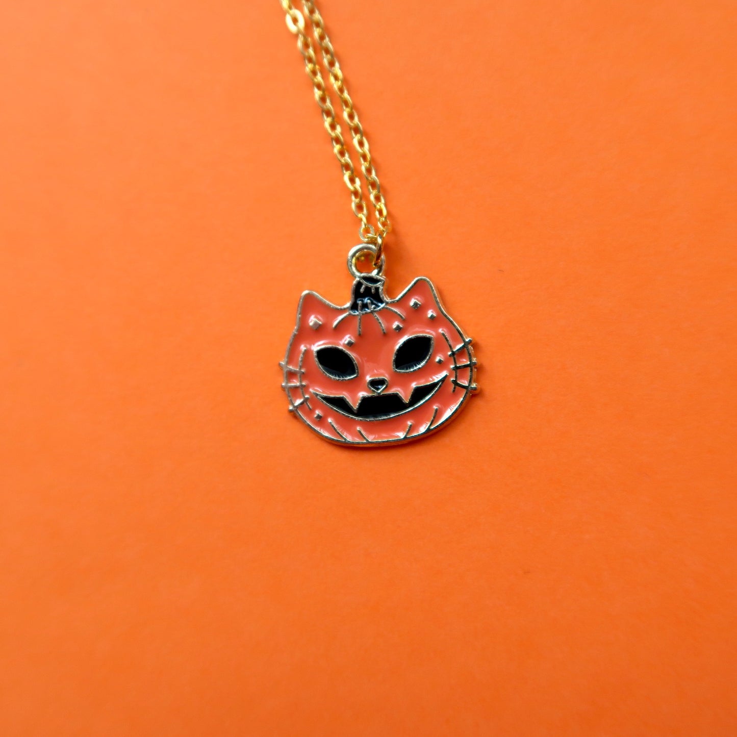 Orange Jack-O-Lantern Cat Pumpkin Charm Necklace