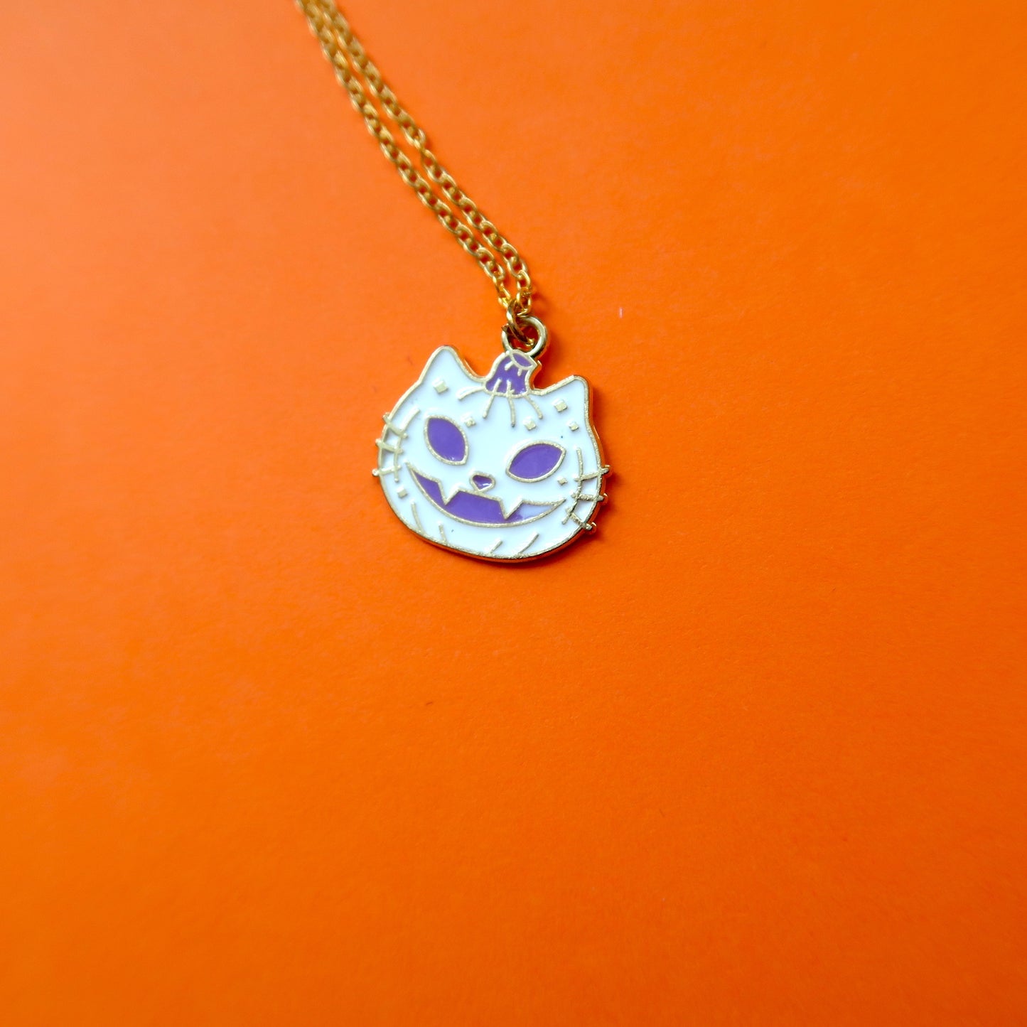White Jack-O-Lantern Cat Pumpkin Charm Necklace