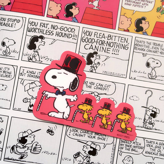 Snoopy Vinyl Sticker // Snoopy and Woodstock from Peanuts comics Dancing in Top Hats Glossy Vinyl Sticker
