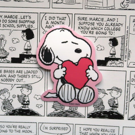 Snoopy Vinyl Sticker // Heart Hugging Snoopy from Peanuts comics Waterproof Glossy Vinyl Sticker Decal