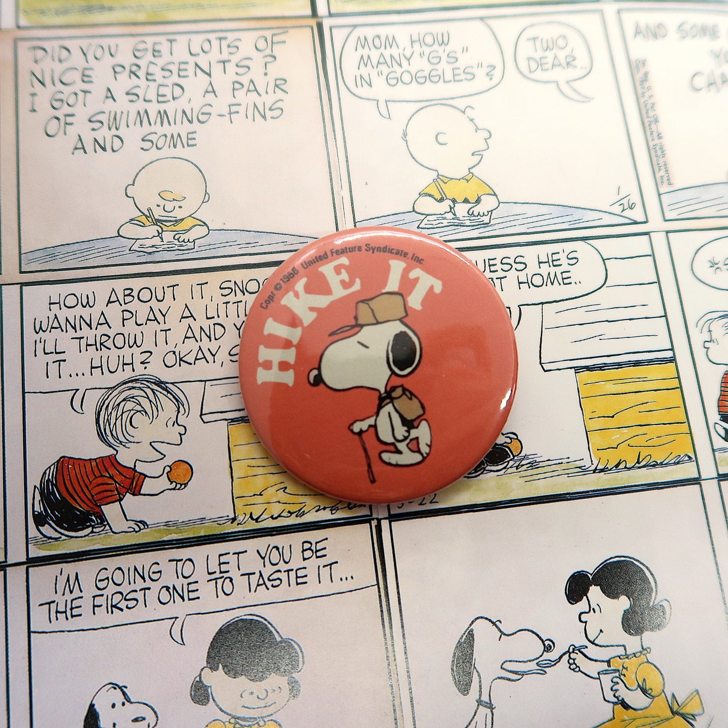 A red vintage can badge featuring the character Snoopy from the Peanuts comics, with 'Hike It' lettering, on a background with Peanuts comic strip panels.