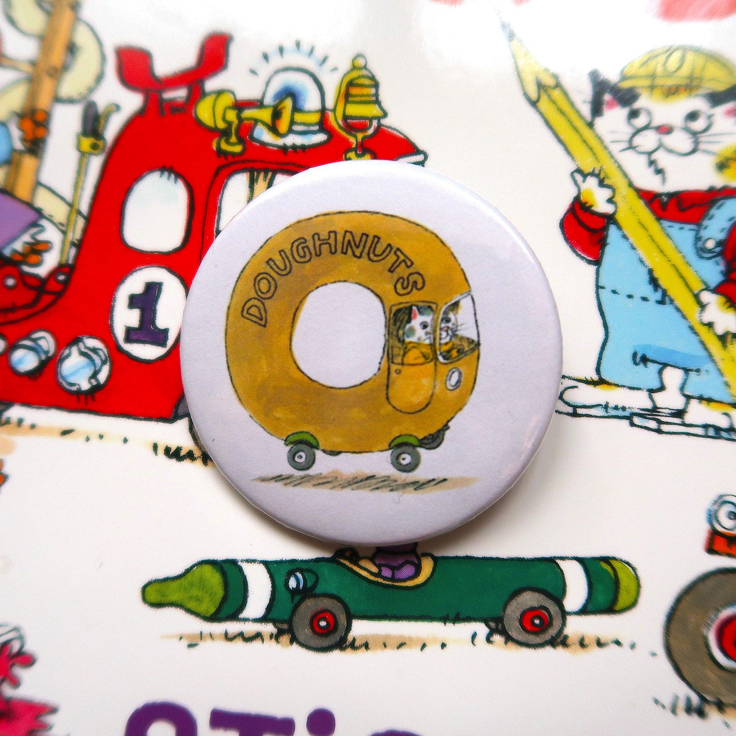 Richard Scarry Donut Car Kitty Cat 44MM Can Badge