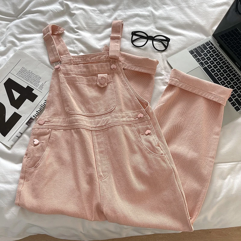 Pink Heart Button Overalls