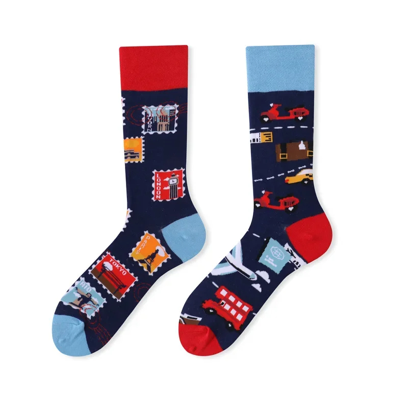 Two colorful socks with patterns on a white background