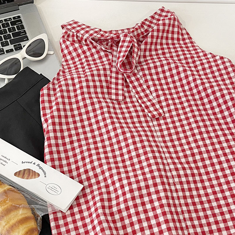 Gingham Bow Sleeveless Blouse
