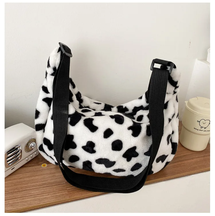 Plush Cow Spot Pattern Shoulder Bag