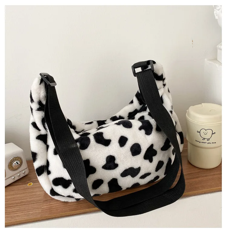 Plush Cow Spot Pattern Shoulder Bag