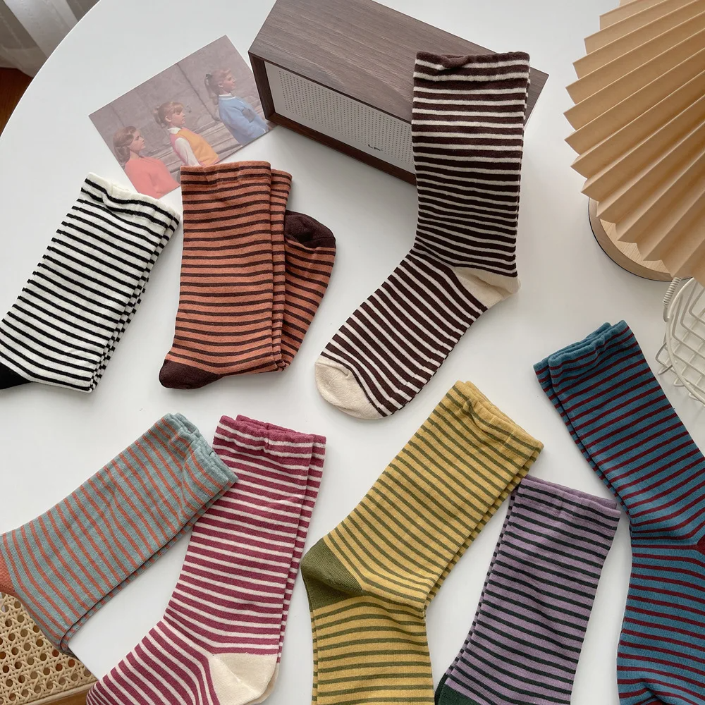 Multicolour Vintage Style Stripe Crew Socks (8 Colours)