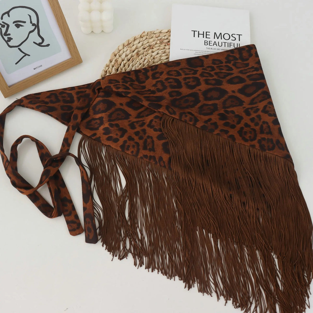 Millennium Hot Girl Style Leopard Print Tassel Fart Curtain Female American Retro Wide Belt with Skirt Jeans Waist Seal Scarf - Ice Cream Cake