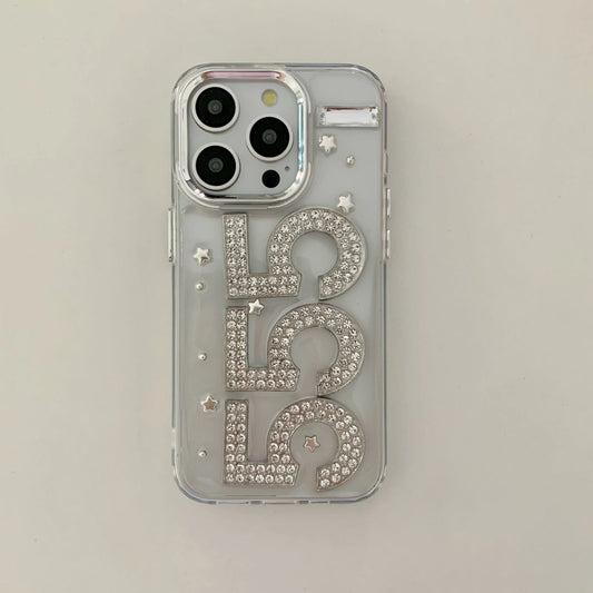 A clear phone case with '555' spelled out in large, rhinestone-covered letters, embellished with small star accents, shown on a light gray background.