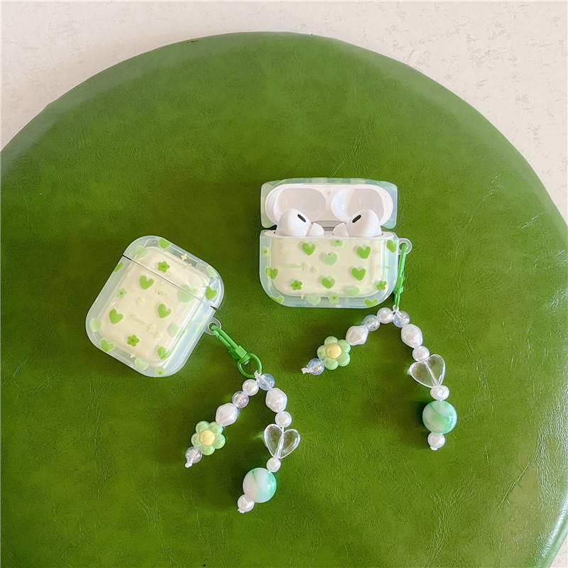 Green Hearts AirPods Case Cover Wth Charm Strap