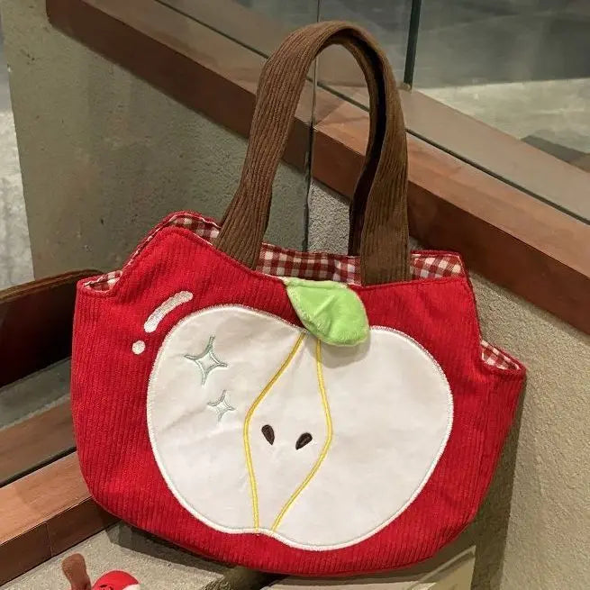Red Apple Handbag Creative Cute Corduroy Shoulder Bag Stylish Outing Canvas Bag With Apple Pendant Casual Versatile Shoulder Bag - Ice Cream Cake