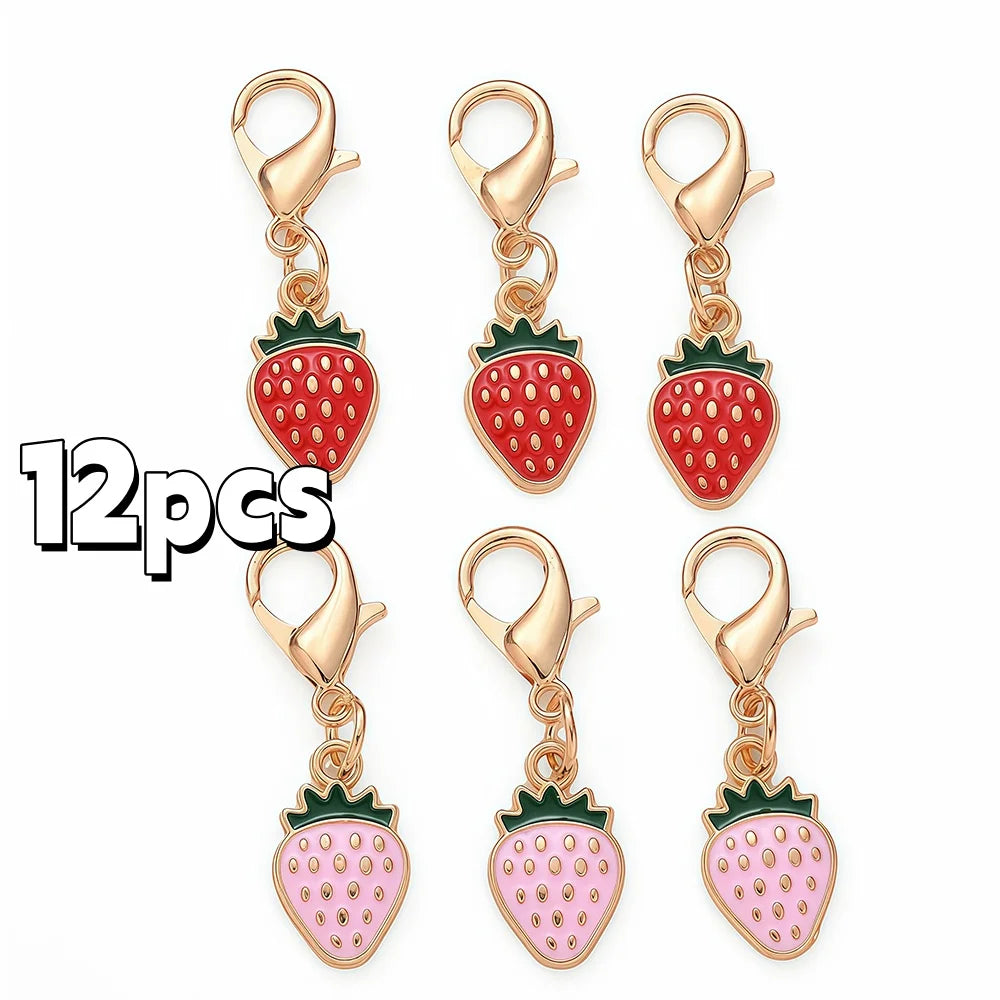 12PCS Golden Alloy Enamel Strawberry Charms - 3.3cm Random Mixed Color DIY Jewelry Accessories for Keychains, Bags & Pendants - Ice Cream Cake