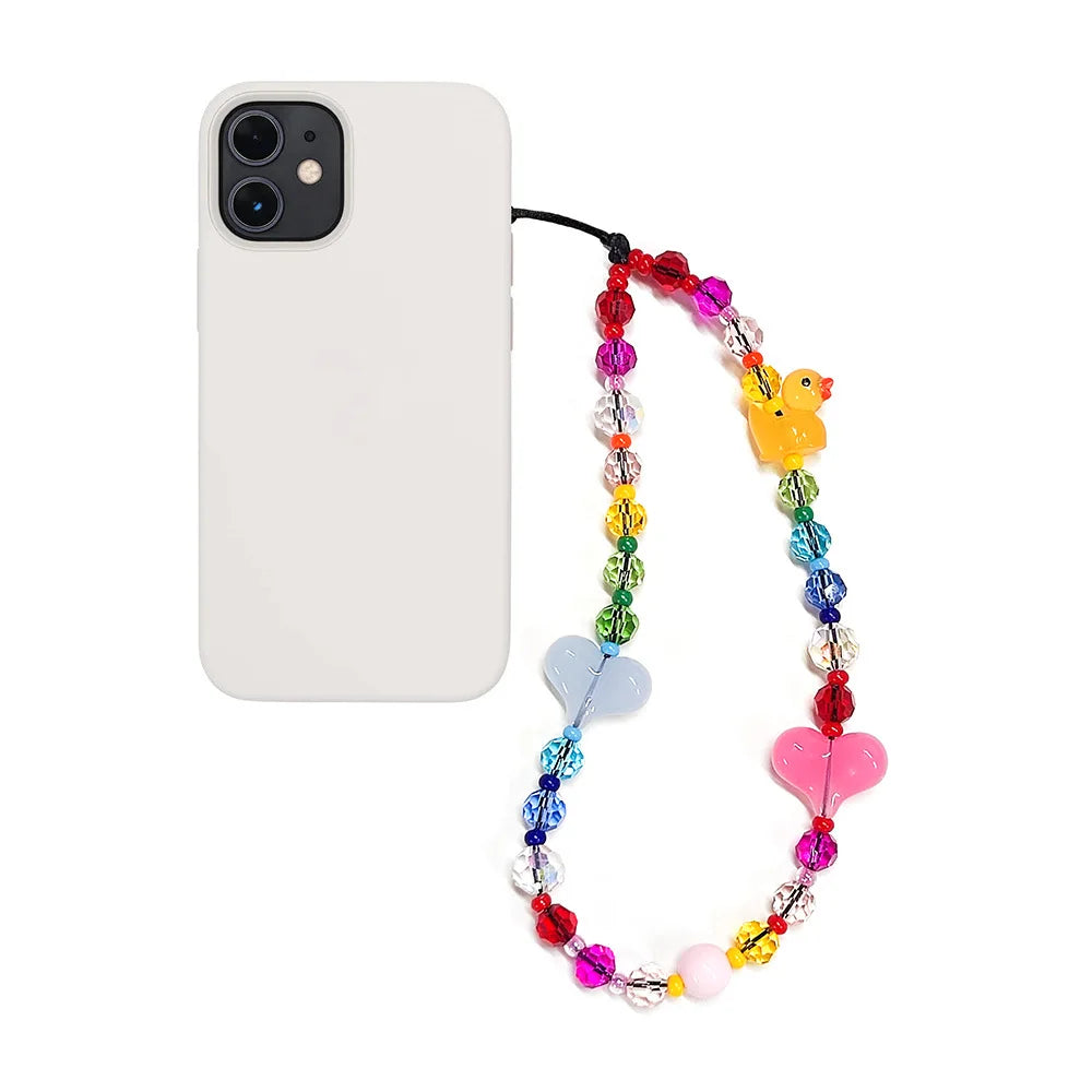 Phone case with colorful beaded chain and duck charm on a white background