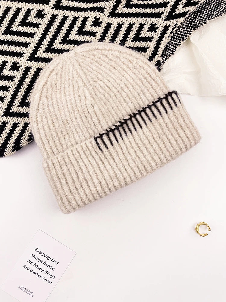 Contrast Border Ribbed Knit Beanie Hat