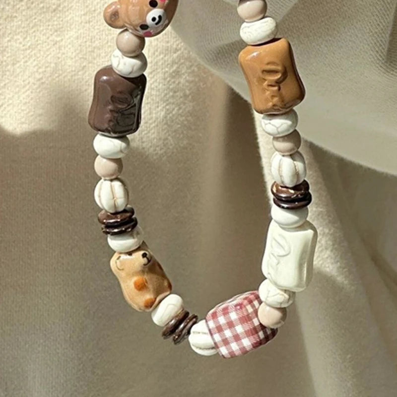 Chocolate Cookie Teddy Bear Beaded Wrist Strap