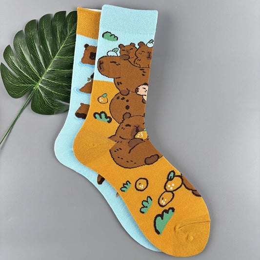 Mismatched Bathing Capybara Crew Socks