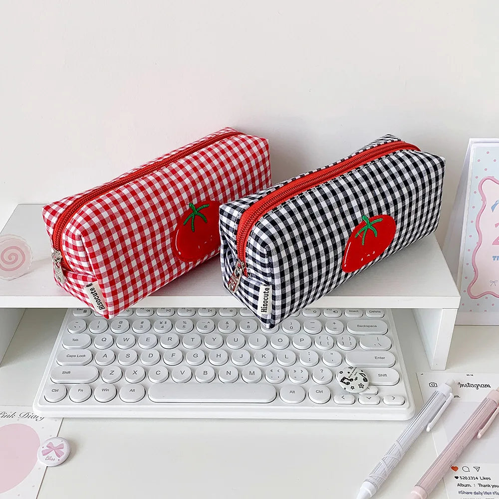 1pc Fashion Cartoon Tomato Plaid Pencil Case Student Stationery Large Capacity Desktop Storage Pen Bag Kids School Supplies - Ice Cream Cake