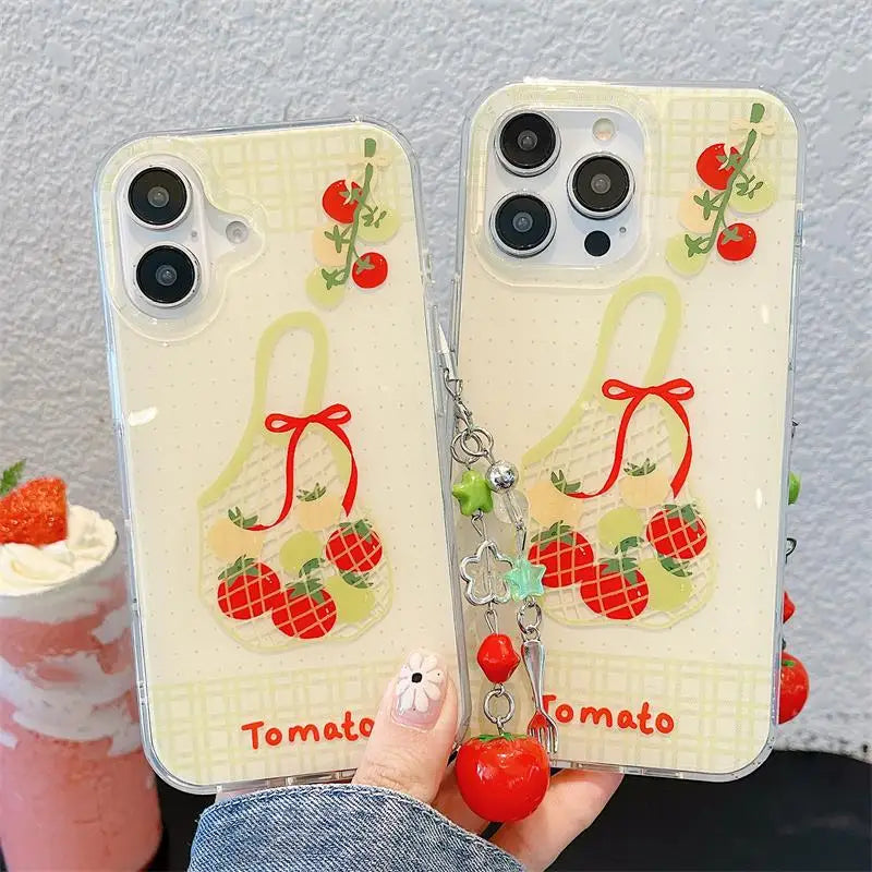 Korean Cute Shopping Bag Phone Case For iPhone 17 16 15 14 13 12 11 Pro Max 16E 17Air 7 8 Plus With Red Tomato Pendants Cover - Ice Cream Cake
