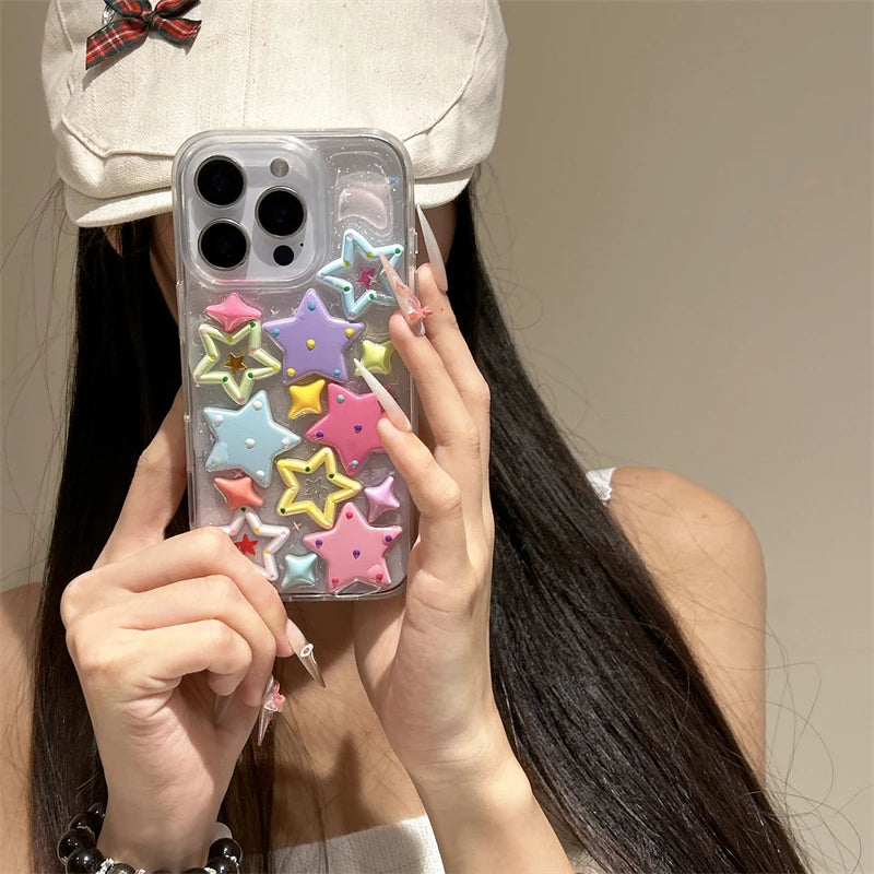 Bling 3D Dopamine Stars Phone Case for iPhone 16 15 14 13 Plus 12 Pro Max 11 Glitter Colorfur Transparent Cover Cases - Ice Cream Cake