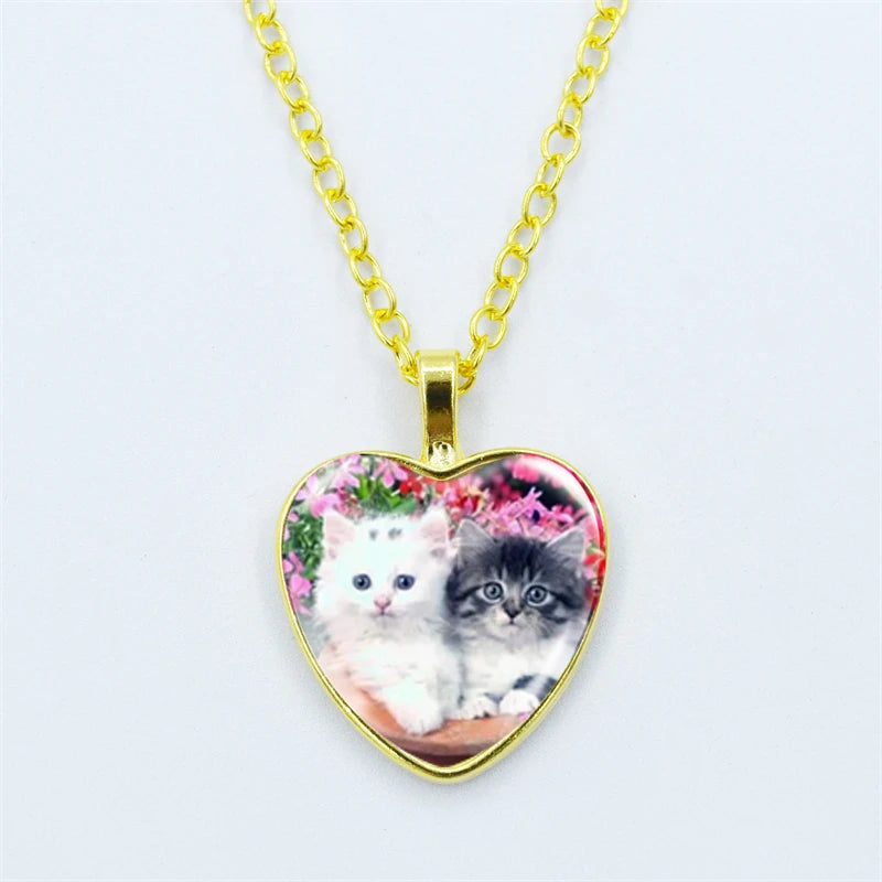 Heart Shaped Kitschy Kitty Cat Pendant Necklace