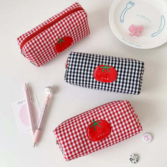 1pc Fashion Cartoon Tomato Plaid Pencil Case Student Stationery Large Capacity Desktop Storage Pen Bag Kids School Supplies - Ice Cream Cake
