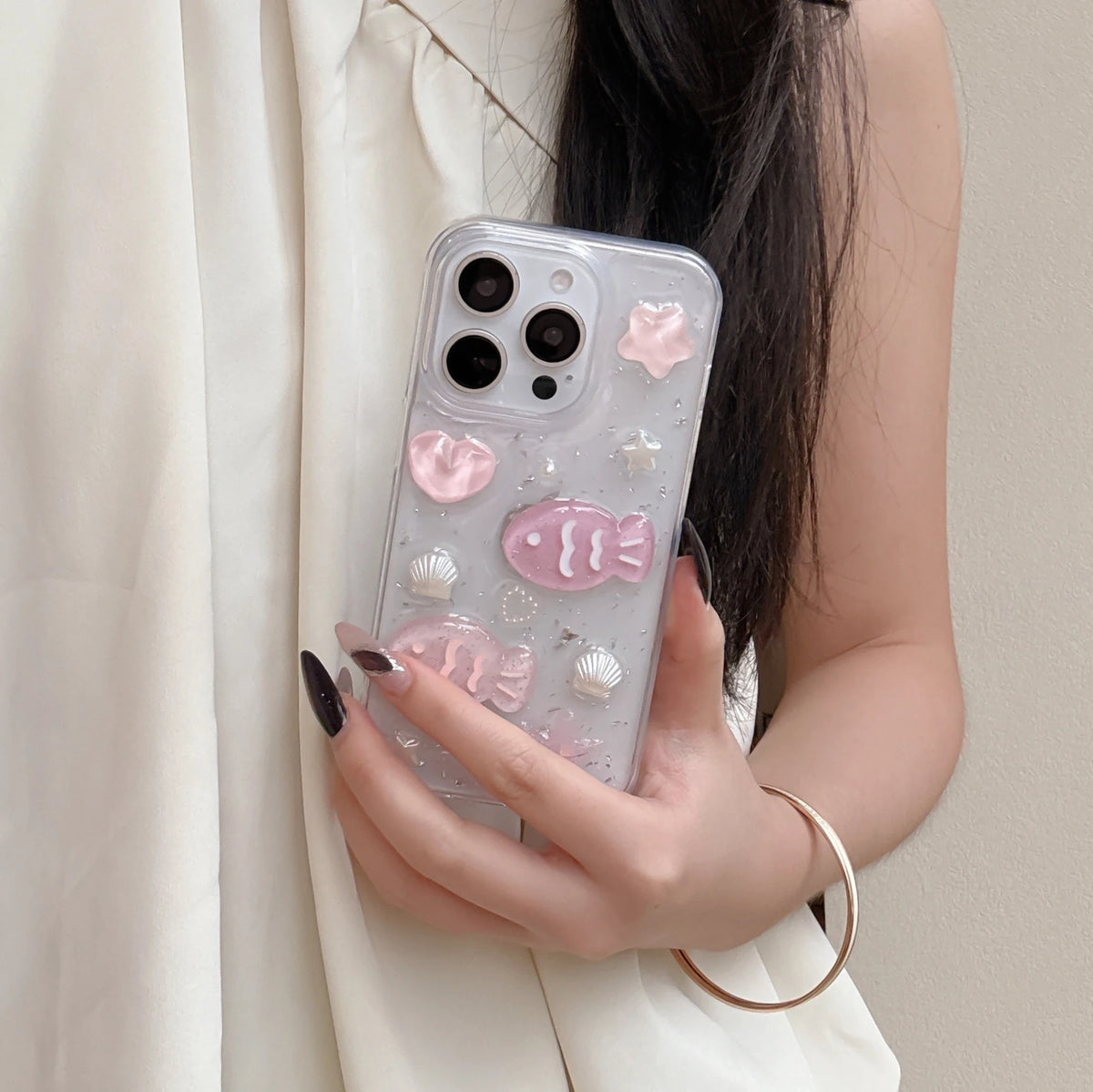 Pink 3D Fish and Stars Resin iPhone Case