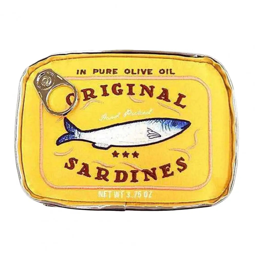 A novelty purse or pouch designed to look like a vintage yellow sardine can, featuring an illustrated sardine, the words 'Original Sardines,' and a pull-tab ring on a plain white background.