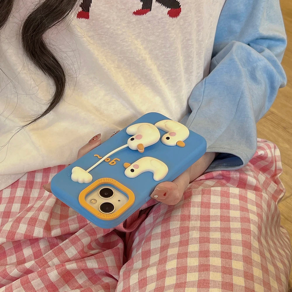 Cute 3D Duck Pendant Shockproof Cover Cartoon Shatter Silicone Soft Phone Case For iPhone 17 16 15 14 13 12 Pro Max - Ice Cream Cake