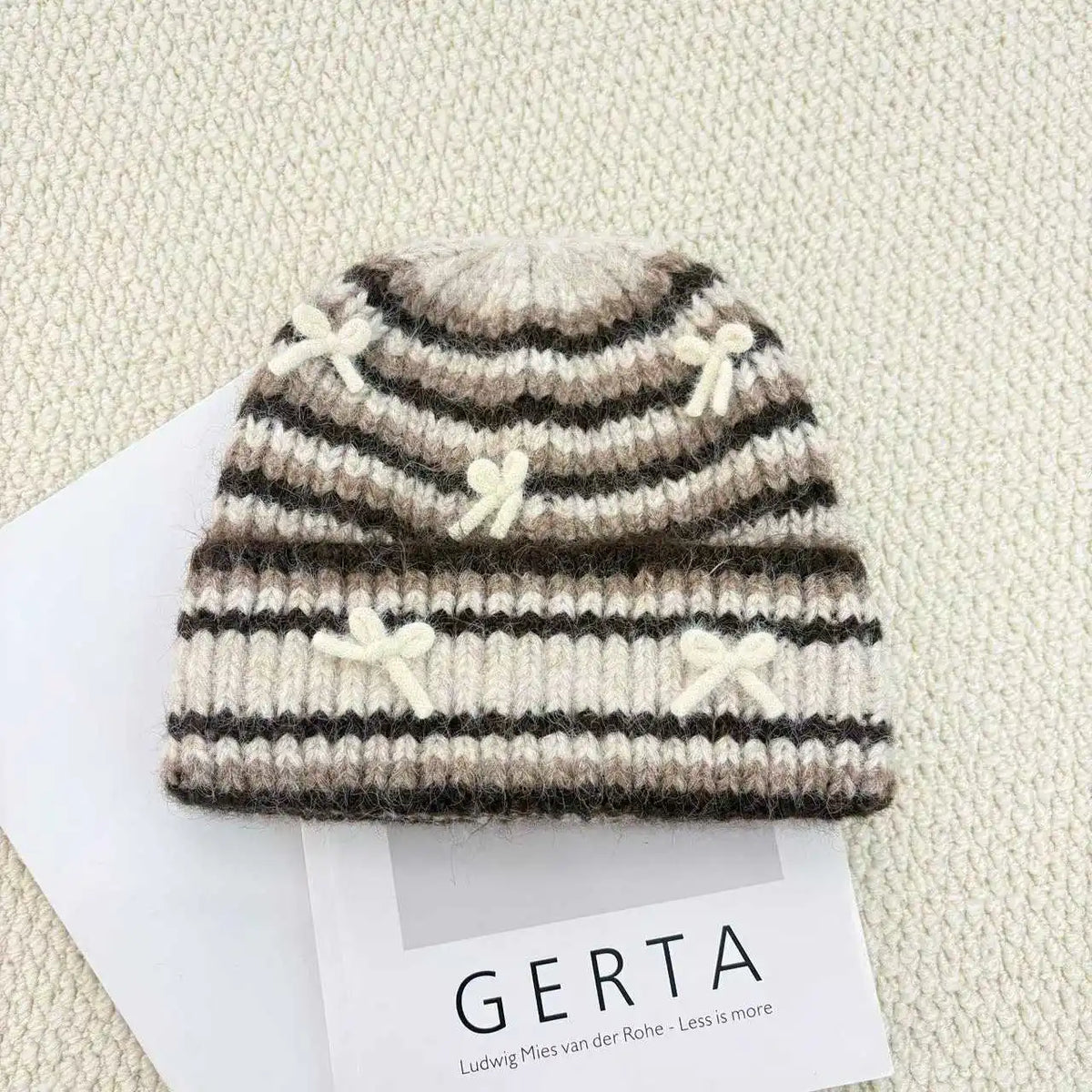 Bow Detail Striped Knit Beanie