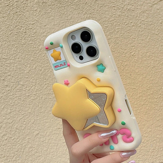 For iPhone 11 12 13 14 15 16 16e 17 Pro Max Funny 3D Star Telescopic Bracket Mirror Case Soft Silicone Stand Holder Cover - Ice Cream Cake