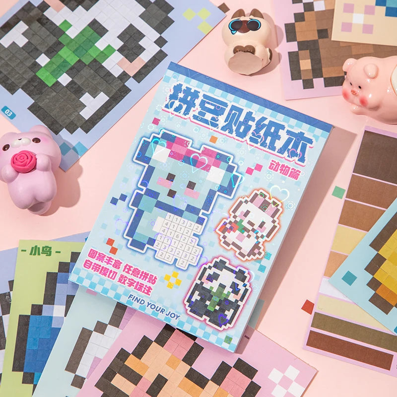 Colorful pixelated sticker book with cartoon characters on a pink surface