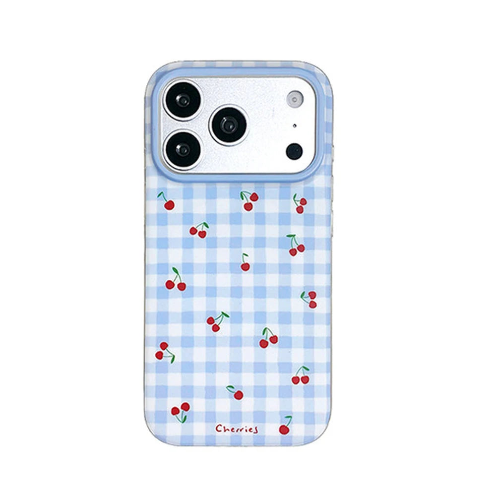 3D Cute Cherry Blue Grid Pattern Magnetic Grip Tok Phone Cases for iPhone 17pro 15 16 pro max Wireless Charge For Magsafe Cover - Ice Cream Cake
