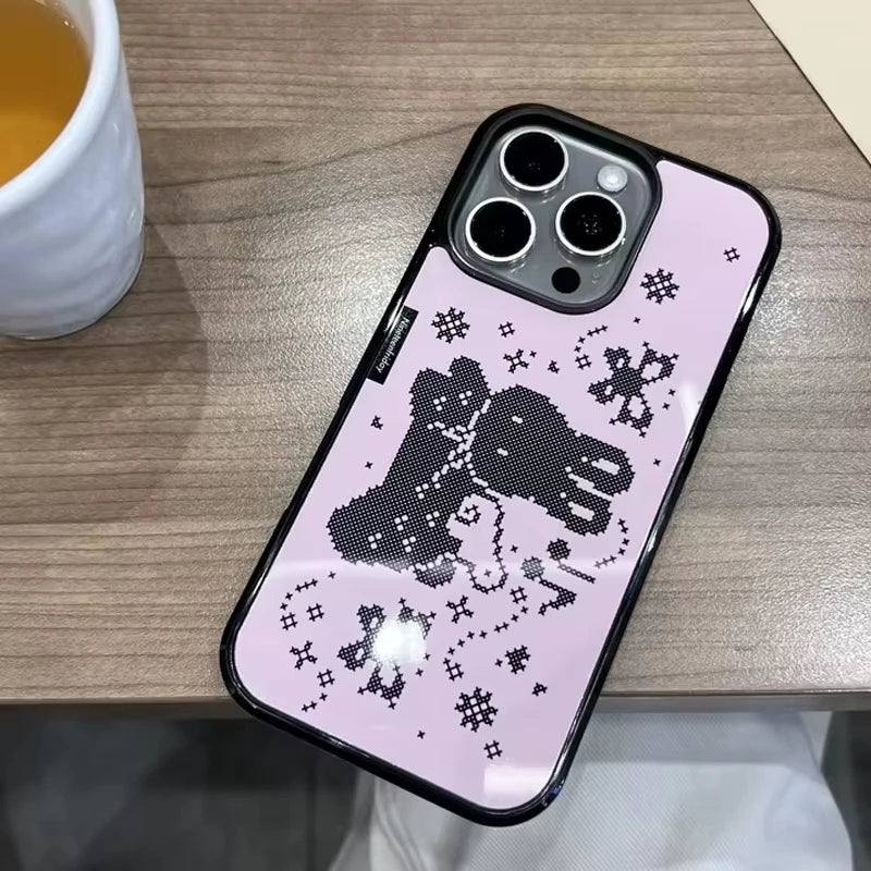 Korean Ins Pink Pixel Rabbit Angel Wings Cartoon Phone Case For iPhone 17 16 15 14 13 12 11 Pro Max Plus Acrylic Cover - Ice Cream Cake