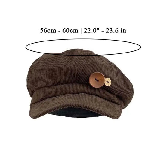 Vintage Corduroy Beret Hat For Women Korean Button Octagonal Cap Autumn Winter Painter Artist Hats Japanese Brown Peaked Caps - Ice Cream Cake