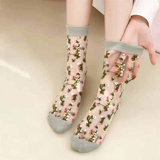 Transparent Floral Crew Socks