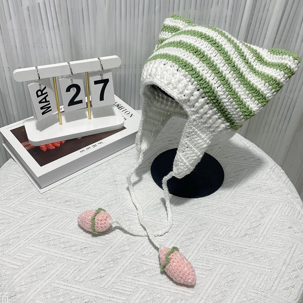 Crochet Striped Kitty Ear Beanie Hat with Strawberry PomPoms (3 Colours)