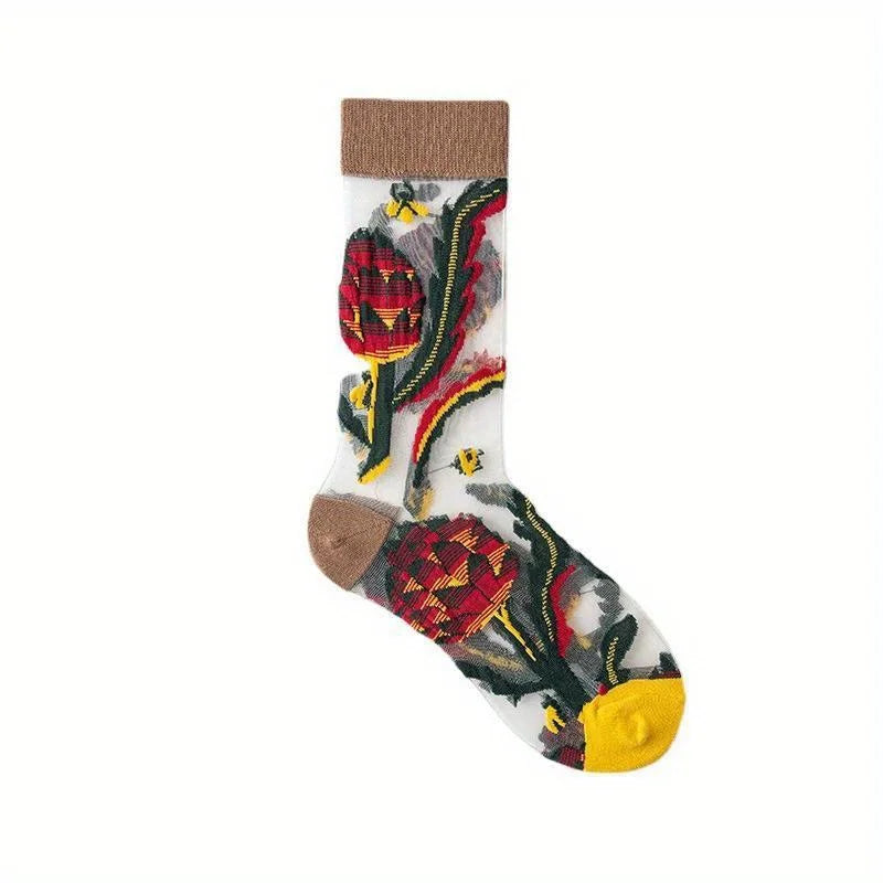 Transparent Floral Crew Sock Set (5 Pairs)