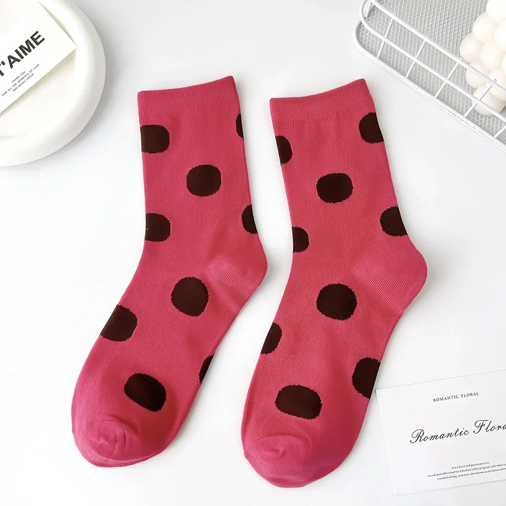 5 Pairs Comfort Rainbow Polka Dot Socks Casual Japanese Dot Sweat Retro Modern Women Mid tube Sweet Style Skin Friendly Sweat - Ice Cream Cake