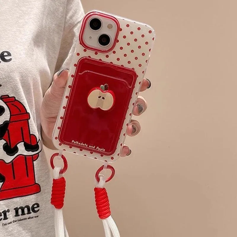 For iPhone 16 Pro Max 15 Pro 14 Plus 13 Mini 12 11 X XS XR 7 8 SE Cute 3D Apple Face Card Holder Cartoon Phone Case With Lanyard - Ice Cream Cake