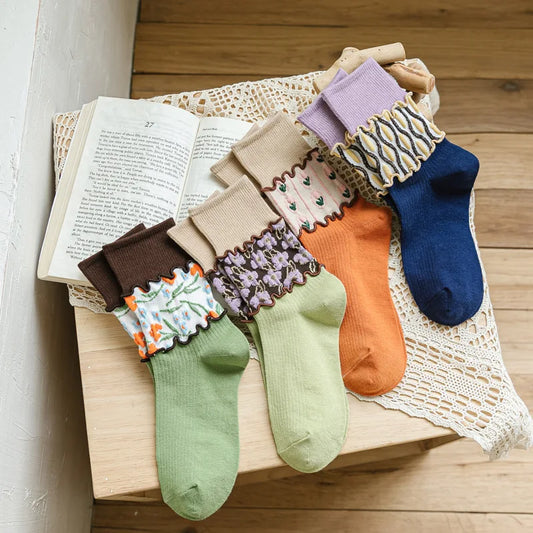 1 Pair Japanese Korean Style Cartoon Girls Socks Flower Candy Color Harajuku Kawaii Mid Tube Socks Breathable Casual Vintage Sox - Ice Cream Cake