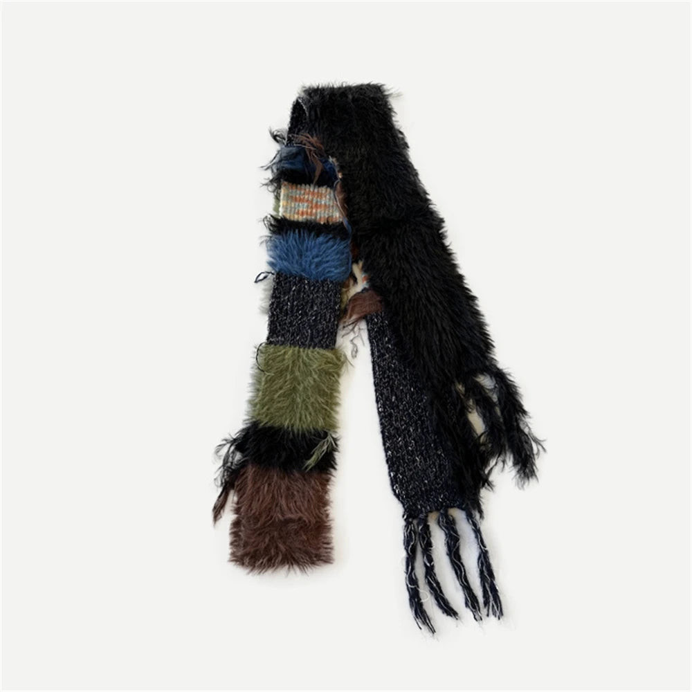 Multi-material Color Blocking Stripe Scarf Decoration Knitted Irregular Tassel Scarves Women Autumn and Winter Soft Woolen Scarf - Ice Cream Cake