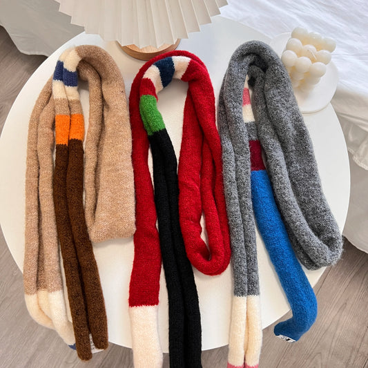 Wool Striped Plush Scarf Women's Niche Design Sense Spice Girl Versatile Decoration Korean Version Thin and Narrow Long Scarf - Ice Cream Cake
