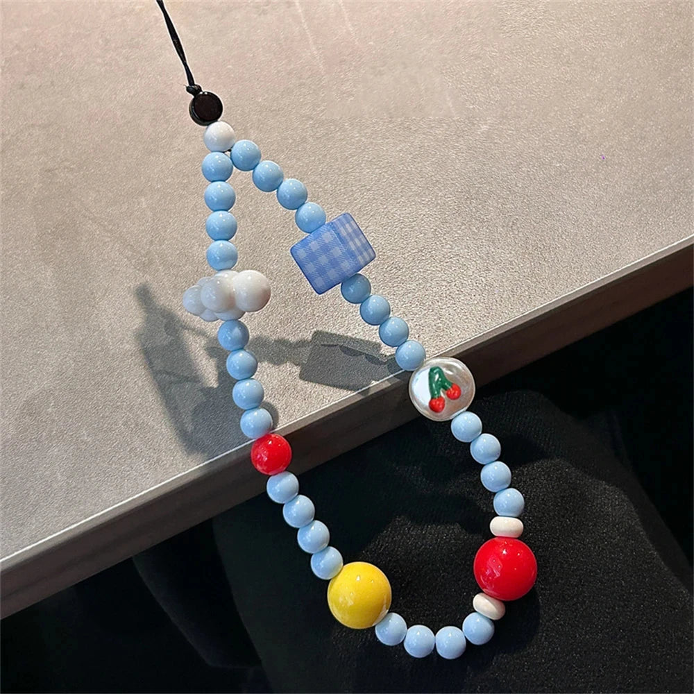 Cloud and Cherry Blue Beaded Wrist Strap