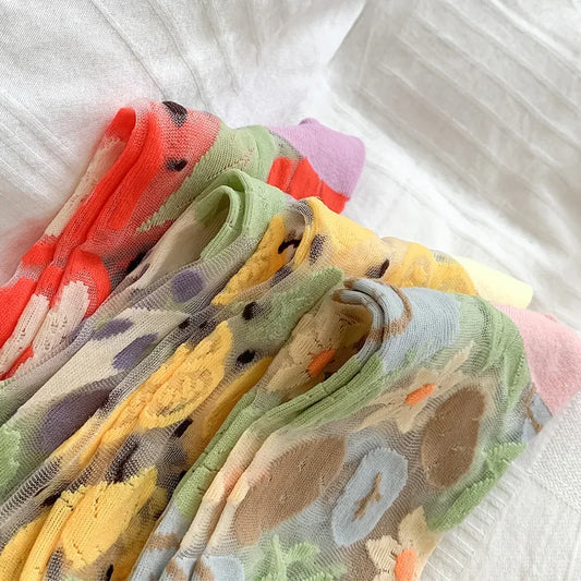Semi-Sheer Veggie Pattern Crew Socks